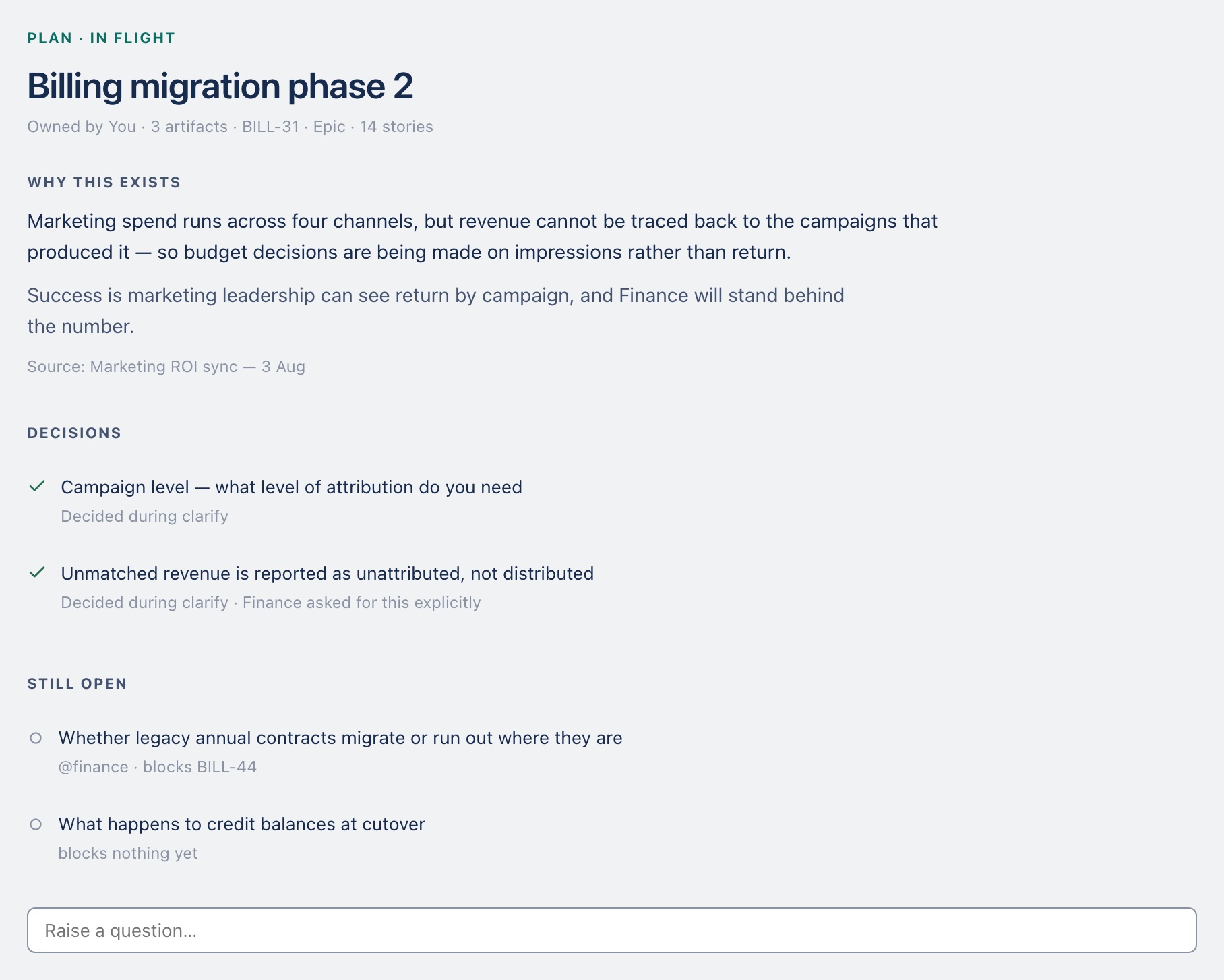 A plan three weeks after creation: why this exists, the decisions made during clarify with who asked for them, and two questions still open, one blocking a Jira issue.