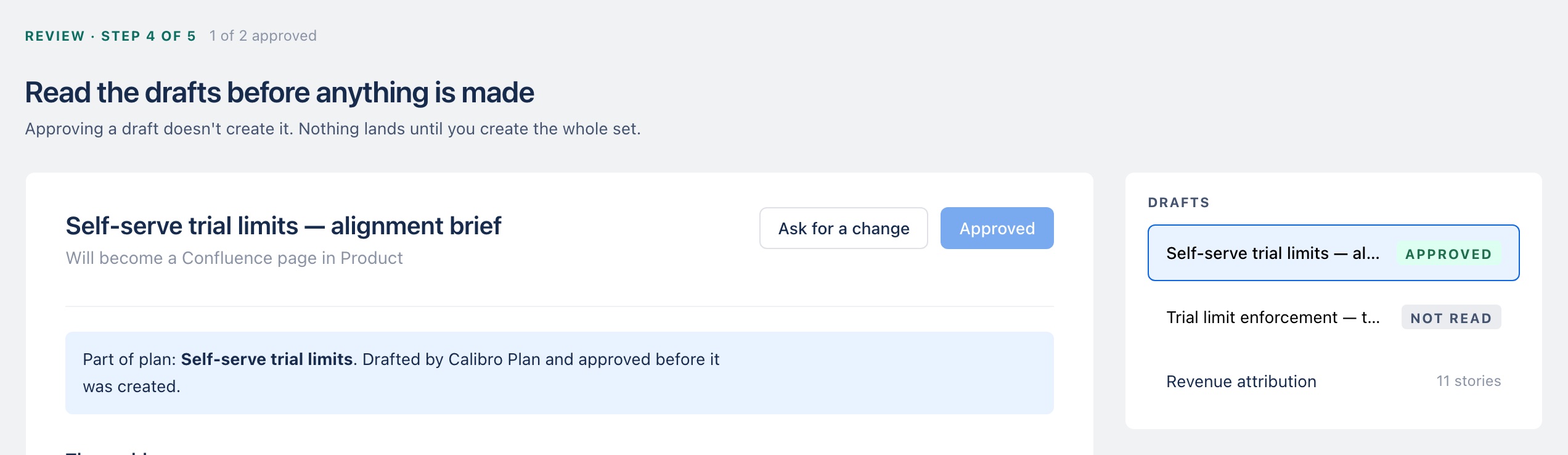 The Review screen: a draft alignment brief shown next to 'Will become a Confluence page in Product', with a drafts rail marking one document Approved and one Not read.