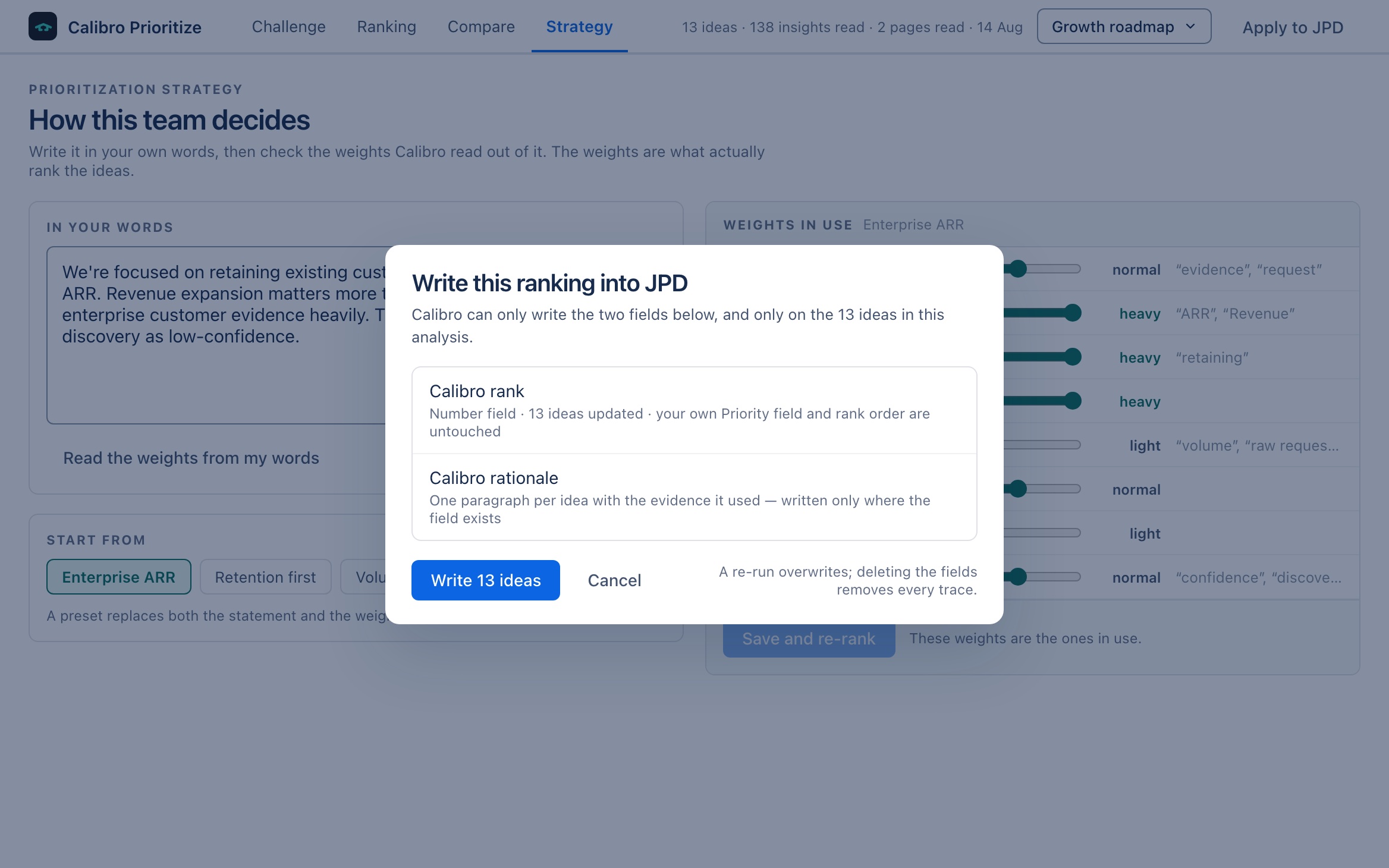 The apply dialog, stating that exactly two fields will be written — Calibro rank and Calibro rationale — and that the team's own priority field is untouched.