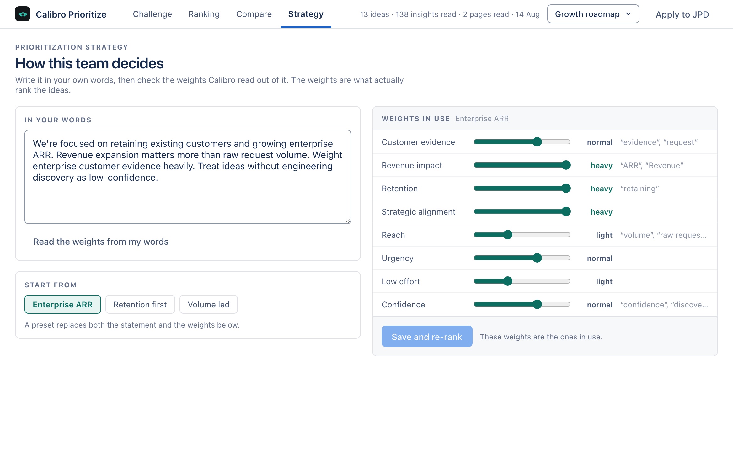 The Strategy screen: the team's strategy written as a paragraph, presets, and eight weight sliders showing which phrases moved each one.