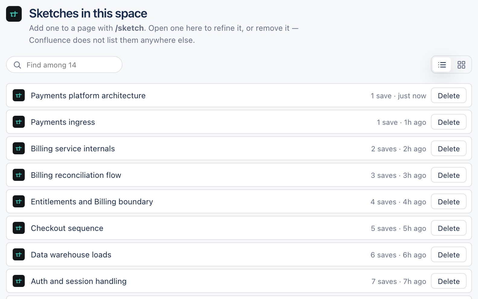 The same space as a list: eight Sketches by name, each with the number of saves and when it was last touched, and a filter box reading Find among 14.