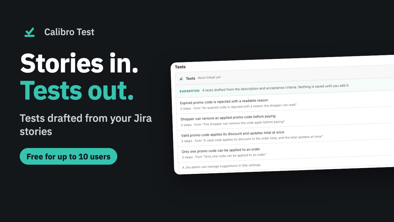 Stories in. Tests out. — a story's Tests panel with four tests drafted from its description and acceptance criteria, each beside the phrase it came from.