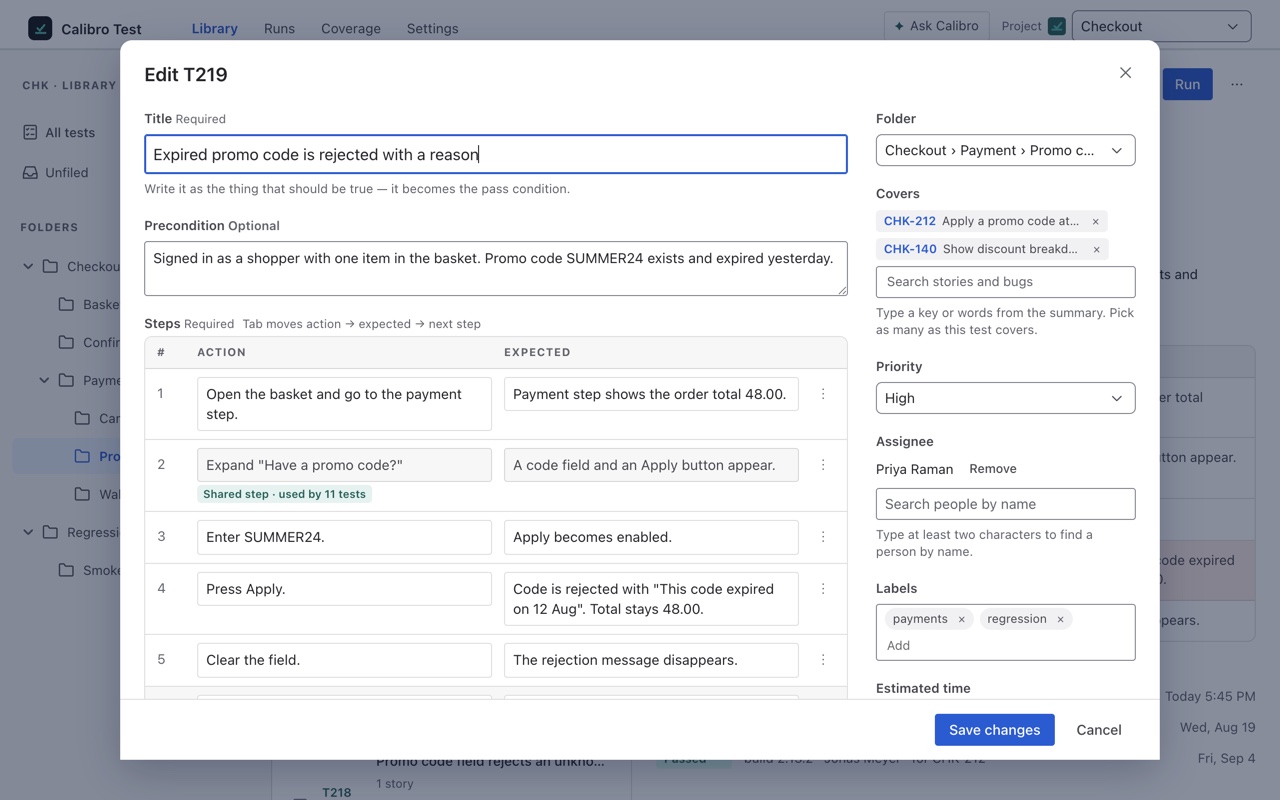 The editor for T219: title, precondition, actions and expected results, a shared step, linked stories, priority, assignee and Save changes.