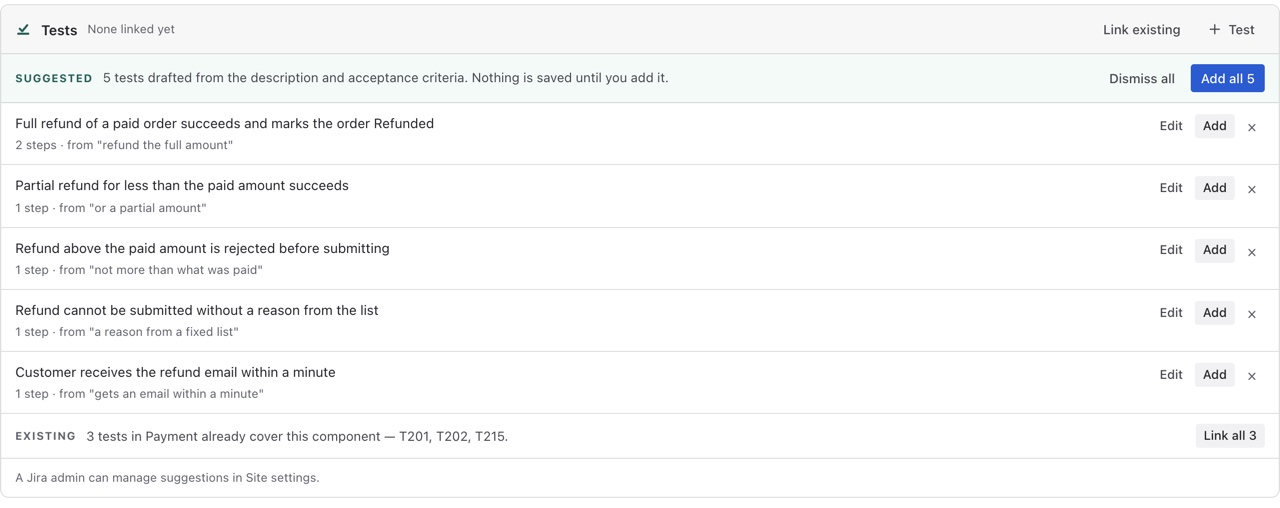 The Tests panel on CHK-240: five unsaved refund test drafts, each with its step count and source phrase, plus Edit, Add and Dismiss controls.